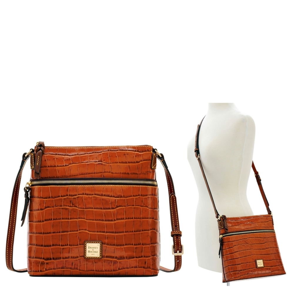 New! DOONEY & BOURKE Signature Croc Embossed Leather Crossbody Bag Cognac Zip